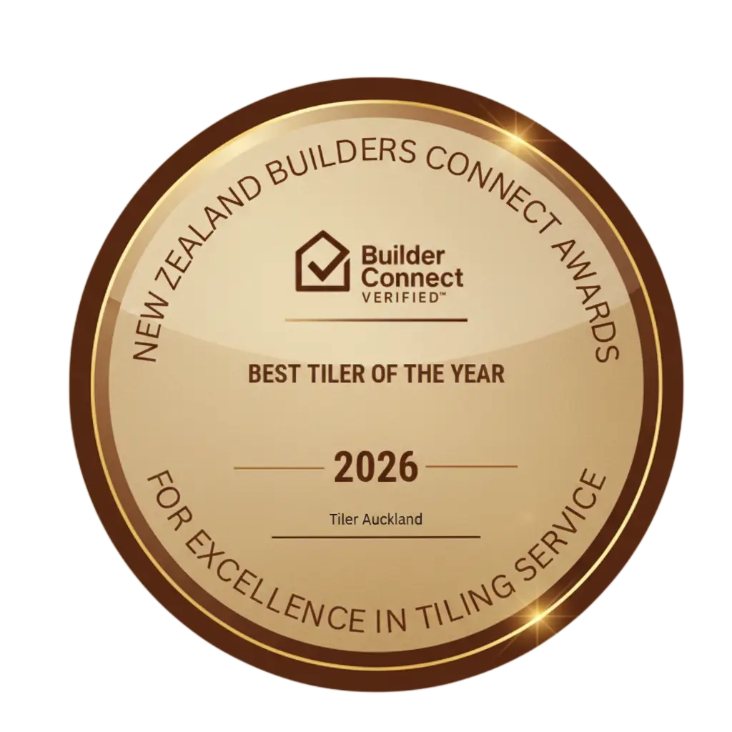 At Tiler Auckland showcasing one of our industry awards for professional tiling excellence